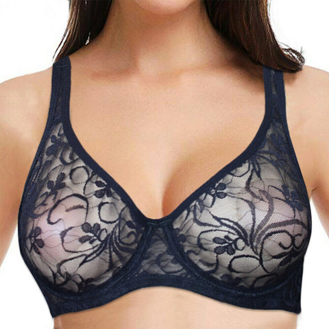 Sujetadores para Mujer Transparente de encaje negro Bralette sujetador con alambre ropa interior flores Homosexual lencería Sexy sujetador A, B, C, D, Copa DD ► Foto 1/6