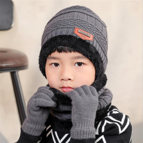 Conjunto de gorro y bufanda de punto para niño y niña, conjunto de 3 piezas de gorro de felpa cálido para esquí al aire libre, gorro con bufandas sólidas, Invierno 2022 ► Foto 1/6