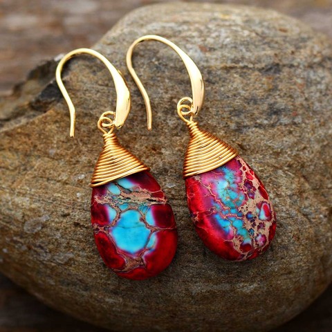 Pendientes de gota de piedras naturales para mujer, Jaspe en forma de lágrima, pendientes colgantes de piedras preciosas, Joyería de Arte Hecho A Mano ► Foto 1/6