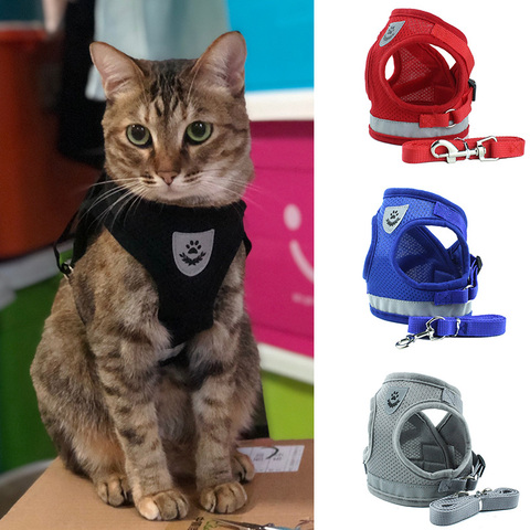 Arnés de malla de nailon para Mascotas, conjunto de Correa y arnés reflectante para gatos, productos para Mascotas, Accesorios para gato, cadena ► Foto 1/6