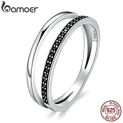 Anillo de dedo apilable BAMOER de Plata de Ley 925 con doble círculo negro claro CZ para mujer, joyería de plata fina, regalo SCR082 ► Foto 1/6