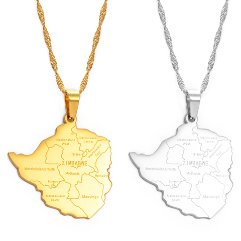 Anniyo-collar con colgante de mapa de Zimbabue para mujer, Color plateado/dorado, cadenas de mapas de Zimbabue de acero inoxidable #070921 ► Foto 1/6