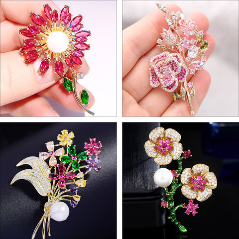 Broche de zirconia rosa de lujo para mujer, broches de flores a la moda, broche de girasol de cristal colorido, joyería, bisutería ► Foto 1/6