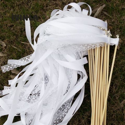 Envío gratis. (50 unids/lote) blanco cinta varitas para boda con campana de plata cinta de la boda palo cinta que gira serpentinas ► Foto 1/6