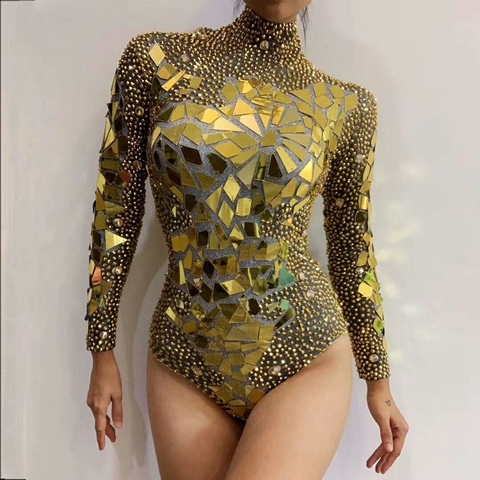 Body Oro brillante con diamantes de imitación para mujer, traje de fiesta para celebración de cumpleaños, DS, Bar, cantante, bailarín, espectáculo ► Foto 1/6