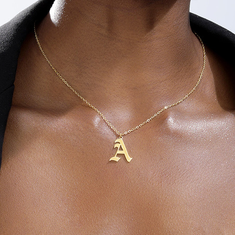 Collar con letra inicial de A-Z para mujer y niña, cadena de oro de acero inoxidable, colgante de joyería con letra inglesa antigua ► Foto 1/6
