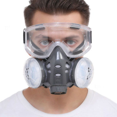 Máscara respiratoria antipolvo para carpintero, mascarilla de media cara con filtro Dual, gafas de seguridad, pulidora, a prueba de polvo, nueva ► Foto 1/6