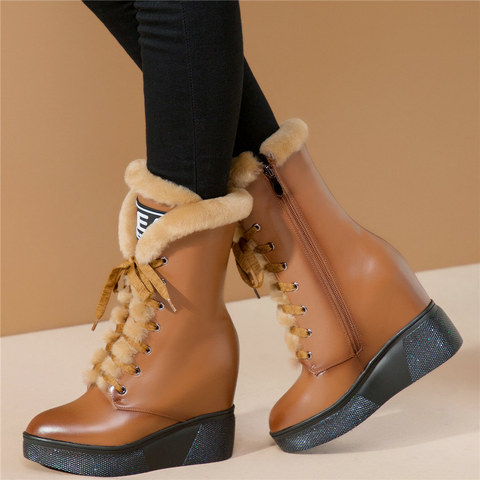 Zapatos informales con cuña de cuero genuino para mujer, botas de nieve de tacón alto, zapatos de plataforma de punta estrecha, zapatillas de deporte de alta moda ► Foto 1/6