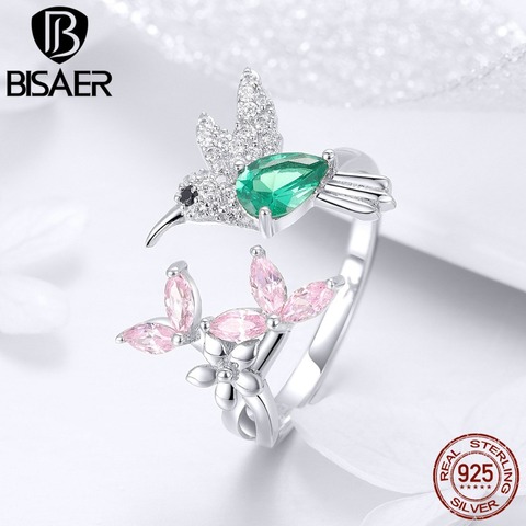 BISAER-Anillo de Plata de Ley 925 con diseño de colibrí para mujer, sortijas ajustables con diseño de flores de circonia cúbica transparente, para bodas, EFR016 ► Foto 1/6