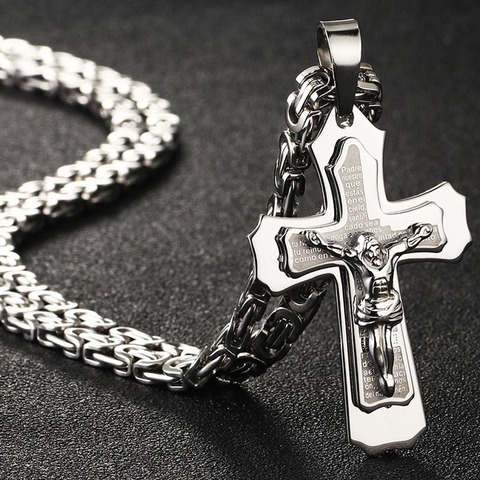 Collar con colgante de cruz de Jesús para hombre, cadena larga Bizantina de acero inoxidable, joyería ► Foto 1/6