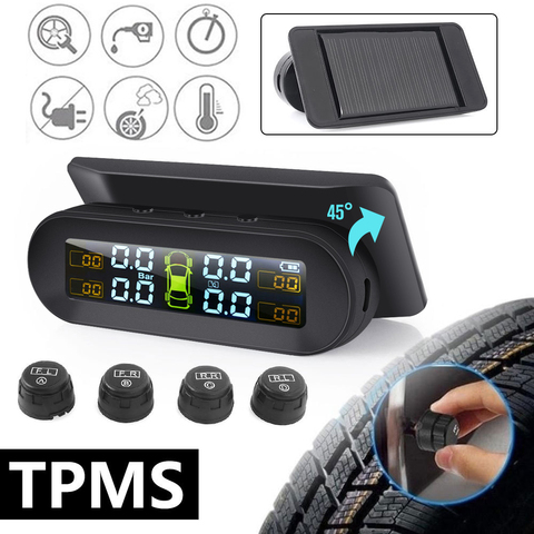 Monitor de alarma de presión de neumáticos para coche, sistema de 4 sensores externos, alarma de temperatura, ahorro de combustible, pantalla Solar inalámbrica incorporada, TPMS ► Foto 1/6