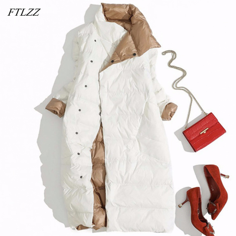 FTLZZ-Chaqueta larga de talla grande 3XL para mujer, plumón de pato blanco de doble cara, Parkas cálidas con doble botonadura, prendas de vestir para nieve ► Foto 1/6