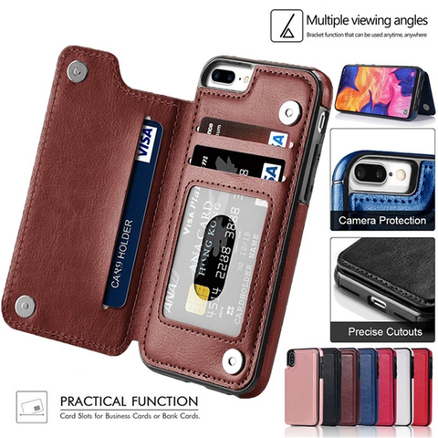 Funda de cuero de alta calidad con ranuras para tarjetas para iPhone SE, 6S, 7, 8 Plus, XR, XS, 11 Pro, Max, BILLETERA, funda para Samsung A50, A70, A51, A71, S20 Plus ► Foto 1/6