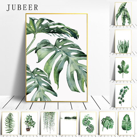 Póster de plantas tropicales de estilo escandinavo, cuadro decorativo con hojas verdes, pinturas de arte para pared moderna para sala de estar, decoración del hogar ► Foto 1/6