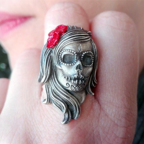 Anillo de acero inoxidable con diseño de Calavera y flores para mujer, sortija, plata esterlina 316L ► Foto 1/2