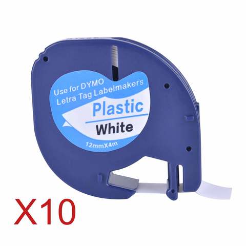 Cintas de etiquetas de plástico, 10 cintas compatibles con Dymo LetraTag 91201, negro sobre blanco (12mm x 4m) 91201 91221 59422 S0721660 ► Foto 1/6