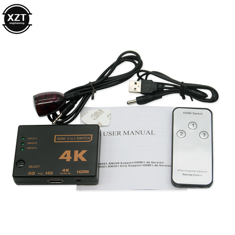 4K * 2K 3x1HDMI-Compatible del divisor del adaptador de 3Port HDTV de Audio conmutador de vídeo con Control remoto para el XBOX360 DVD PS3 para proyector ► Foto 1/6