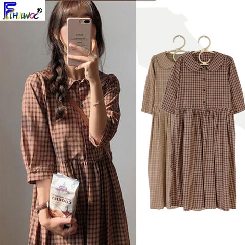 Vestidos Vintage de algodón para mujer, novedad, Vestido camisero A cuadros informal bonito dulce estilo de buen gusto de Corea, Japón, con cuello Peter Pan, 9012 ► Foto 1/6