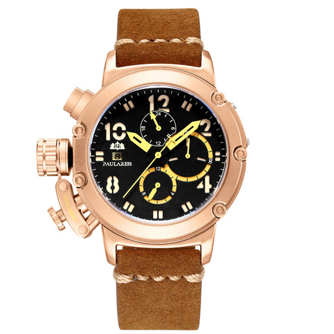 Reloj mecánico automático para hombre, cronógrafo multifunción de cuero genuino marrón, con cuerda automática, fecha, mes luminoso, rosa de bronce dorado, en U ► Foto 1/6