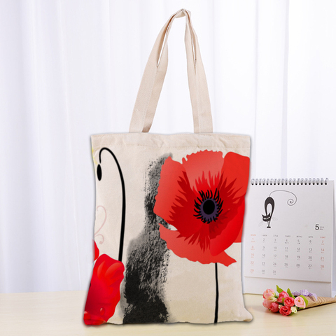 Bolso para flores de amapola personalizado para mujer, bolso de lona reutilizable, bolso de hombro, bolsa de compras de lona plegable ► Foto 1/6