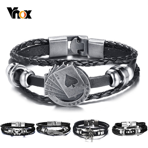 Brazalete Vintage de cuero de la suerte de Vnox, para juego de cartas, colgante de Raja Vegas, pulsera trenzada multicapa para mujer, Masculina de 7,87