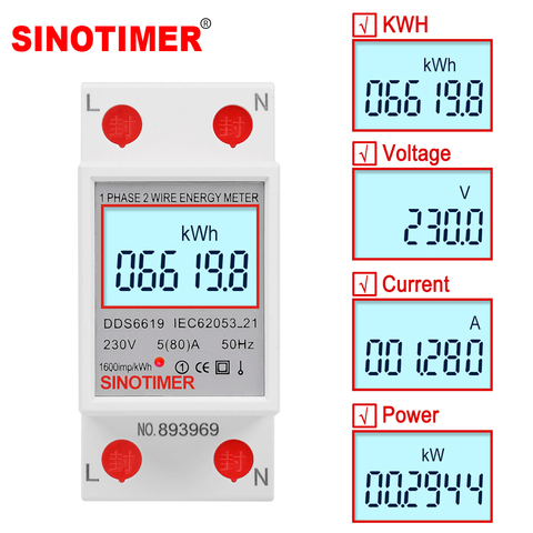 Monofásico Dos hilos LCD Pantalla digital Wattímetro Consumo de energía Energía Medidor eléctrico kWh CA 230V 50Hz Carril DIN eléctrico ► Foto 1/6