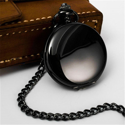 Reloj de bolsillo negro liso Retro para hombre, reloj de bolsillo de cuarzo pulido plateado, Colgante con cadena ► Foto 1/6