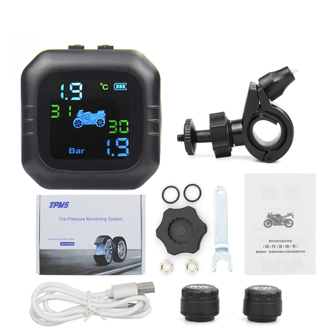Sistema de alarma de monitoreo de temperatura de neumáticos, con 2 sensores externos, carga Solar por USB, Motor de motocicleta, TPMS ► Foto 1/6