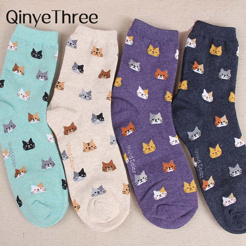 Calcetines de algodón para mujer, nuevo calcetín de viñetas de animales, Gato encantador, 5 colores, otoño ► Foto 1/6