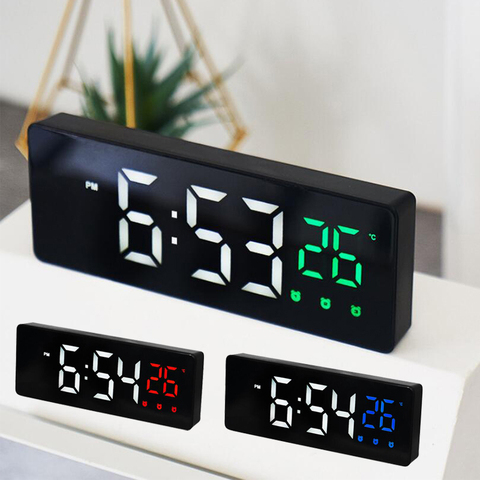 Electrónica alarma Digital LED reloj voz Control de temperatura, tiempo indicador de fecha silencio espejo LED mesa de reloj despertador ► Foto 1/1