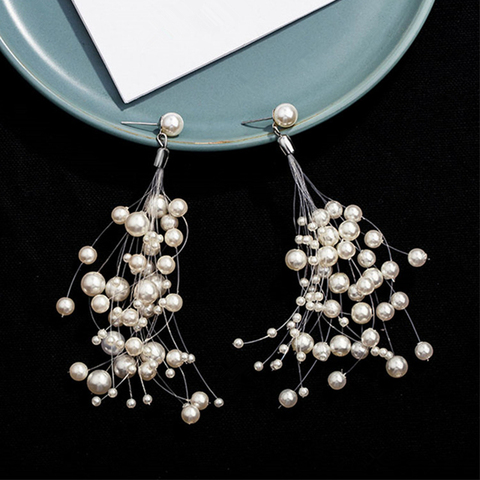 Pendientes de cuentas de tamaño blanco para mujer, aretes largos elegantes con borlas de perlas de imitación, línea de pescado, regalos de boda para novia, novedad de 2022 ► Foto 1/5