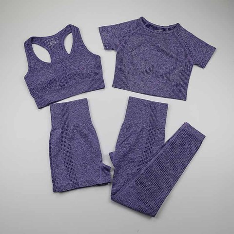 Conjunto de ropa deportiva para mujer, leggings sin costuras + top corto de manga corta + sujetador deportivo + pantalones cortos para hacer yoga o gimnasia ► Foto 1/6