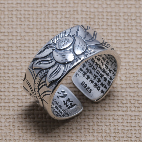 Anillos de loto de Plata de Ley 925 auténtica para hombres y mujeres, joyería budista con grabado en SUTRA del Corazón, talla 8-10 ► Foto 1/6