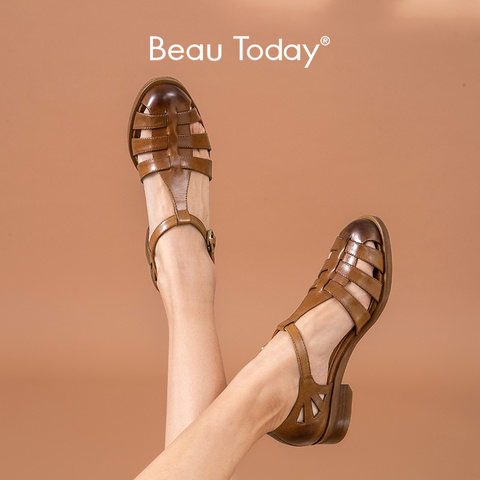 BeauToday-Sandalias de gladiador de cuero de vaca genuino para mujer, zapatos planos informales hechos a mano con hebilla de tacón y correa de Roma para verano, 33018 ► Foto 1/6