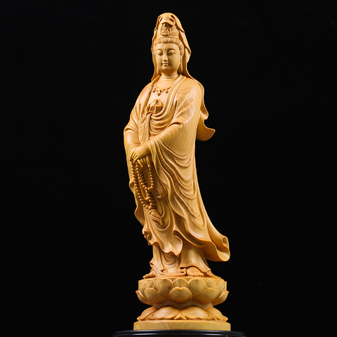 Estatua de Buda GuanYin Feng Shui, estatua de madera de boj de 10-35CM, colección de estatuas de madera, escultura de madera, mascota, mito de Dios ► Foto 1/6