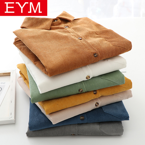 EYM-Camisa de manga larga de pana para mujer, blusa informal holgada de talla grande, Color liso, primavera 2022 ► Foto 1/6