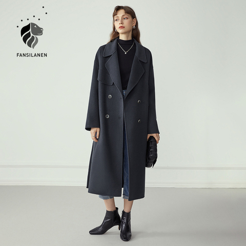 FANSILANEN-abrigo de lana de 100% con doble botonadura para mujer, abrigo largo de invierno de Cachemira elegante, chaqueta oversize de mezcla de vitnage para mujer, abrigo ► Foto 1/6