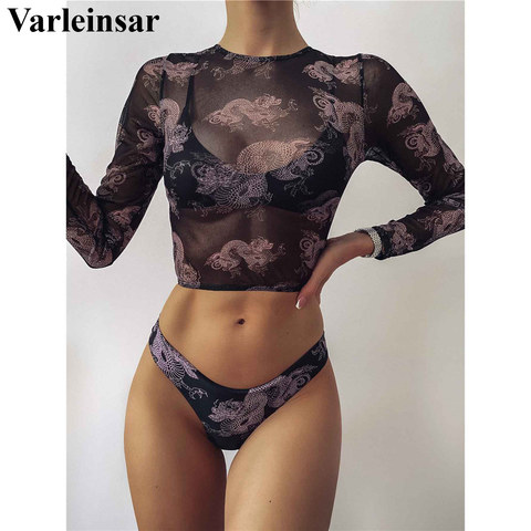 Bikini de dibujo de dragón para mujer, bañador femenino, conjunto de Bikini de tres piezas, traje de baño de manga larga con Tanga, ropa de baño V2693 2022 ► Foto 1/6