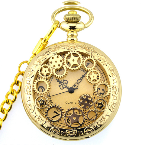 Reloj de bolsillo de cuarzo Steampunk de engranaje hueco de moda de oro Retro colgante de acero inoxidable para hombres y mujeres ► Foto 1/5