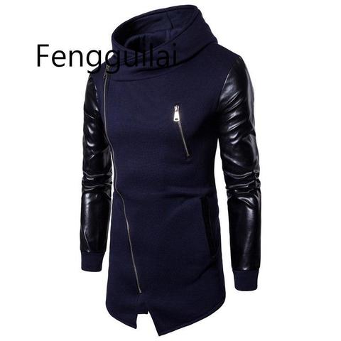 Sudadera con capucha informal para hombre, chaquetas de cuero de retales Pu, ropa larga de motocicleta, abrigos irregulares de Rock con cremallera, novedad ► Foto 1/6