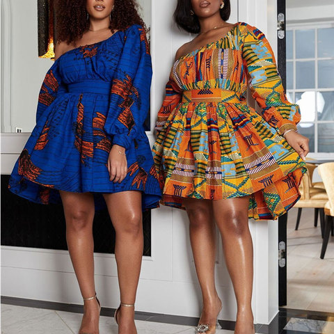 Africana de Mujeres Sexy vestidos de hombro de Mini vestido Dashiki estampado Tribal África vestido de las mujeres de África ropa traje Africaine Femme ► Foto 1/6