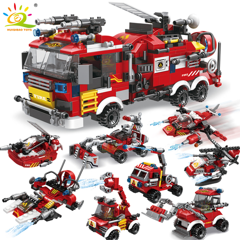 HUIQIBAO-806 Uds. De bomberos, camiones, coche, helicóptero, bloques de construcción de barcos, ciudad, bombero, figuras, juguetes para niños ► Foto 1/6