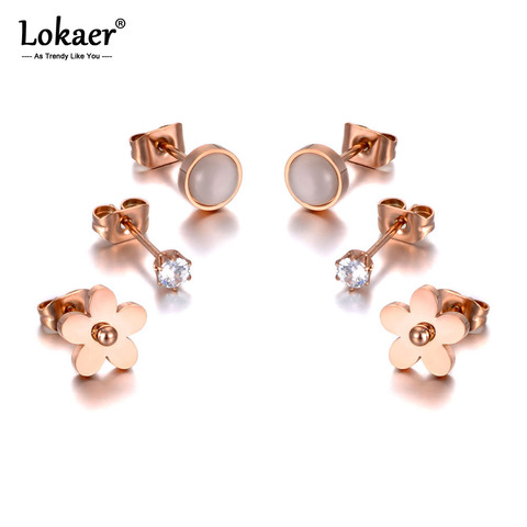 Lokaer-pendientes de flores de acero inoxidable y titanio para mujer y niña, joyería con diamantes de imitación, conjunto de 3 pares, pendientes de cristal CZ, E20039 ► Foto 1/3