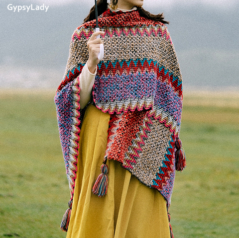 GypsyLady-capas de estilo bohemio Vintage para mujer, capa superior roja de punto Floral, Poncho, capas con borlas, Chic, Poncho, prendas de vestir ► Foto 1/6