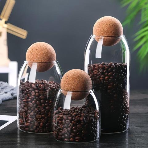 Tarro de vidrio con bola de corcho, sin plomo, con botella con tapa, tanque de almacenamiento, latas de té selladas, cereales, café transparente, 550/750/1200ml ► Foto 1/6