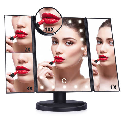 Espejo de maquillaje pantalla táctil LED 22 de mesa de luz de maquillaje de escritorio 1X/2X/3X/10X lupa espejos vanidad 3 plegable ajustable espejo ► Foto 1/6