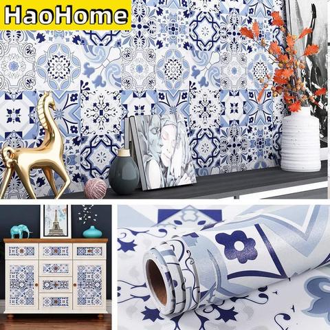 HaoHome-Papel de contacto autoadhesivo, papel tapiz de pelar y pegar contra salpicaduras, azulejo marroquí, impermeable, removible, azulejo azul ► Foto 1/6