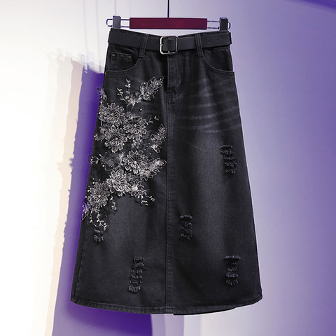 Nueva llegada de primavera otoño moda de Corea mujeres de cintura alta de la rodilla-longitud falda Denim bordado Floral falda de talla grande S826 ► Foto 1/6