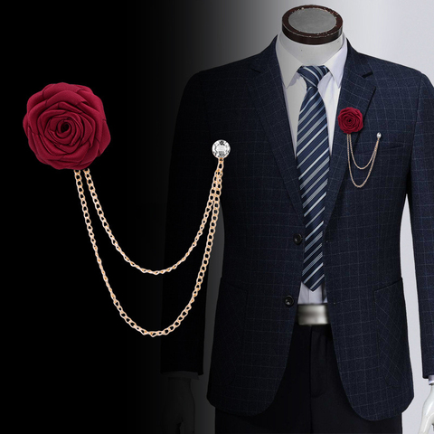 Traje de novio coreano boda broches tela arte hecho a mano Rosa flor broche solapa Pin insignia borla cadena hombre accesorios ► Foto 1/6