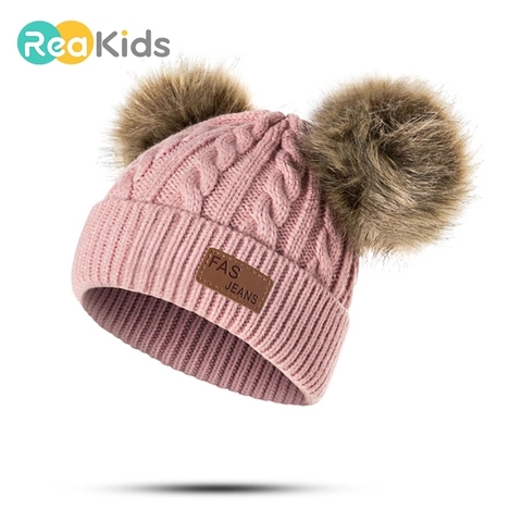 REAKIDS-gorros con pompón para bebé, gorro de invierno para niño y niña, gorro de punto para niño y niña, sombrero informal de Color sólido para niña, Gorros de bebé ► Foto 1/6